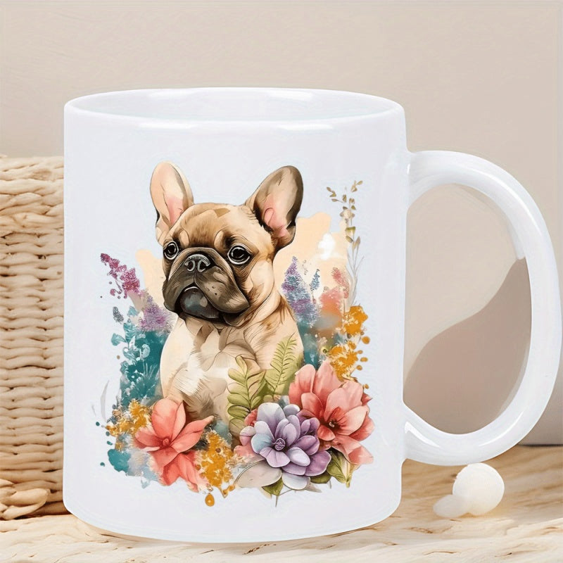 Tailorly White Ceramic 11 oz Mug - Artistic Watercolor Frenchie Sitting Among Vibrant Colorful Spring Floral Blooms Dog