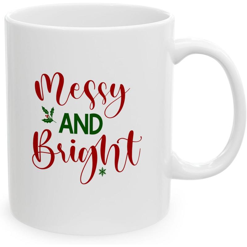 Tailorly White Ceramic 11 oz Mug - Messy And Bright Festive Seasonal Typography With Delicate Holly Leaves And Snowflake Mug