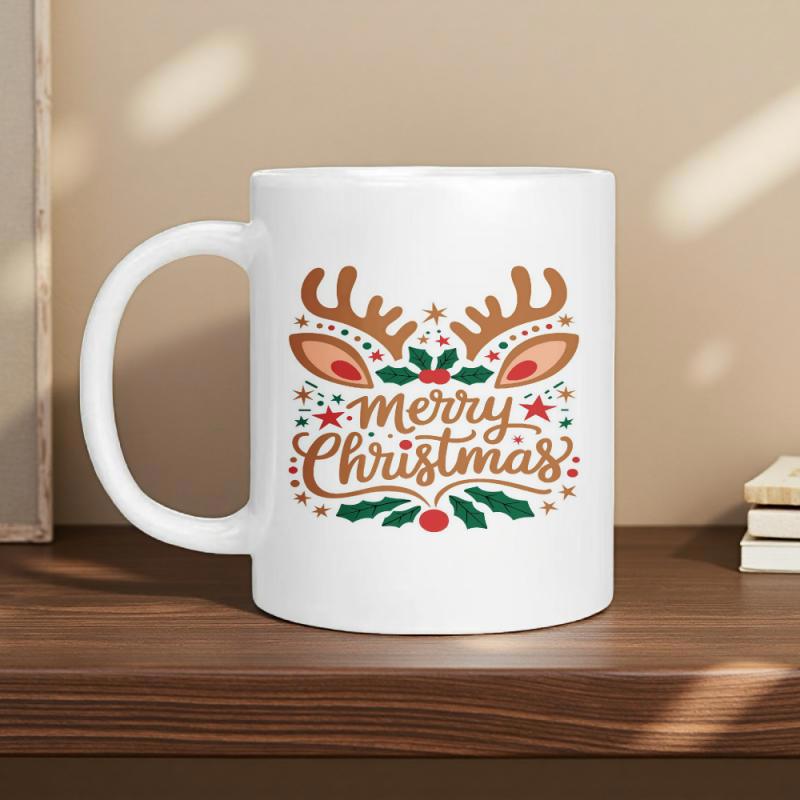 Tailorly White Ceramic 11 oz Mug - Merry Christmas Artistic Brown Antlers With Holly Leaves And Twinkling Stars Reindeer