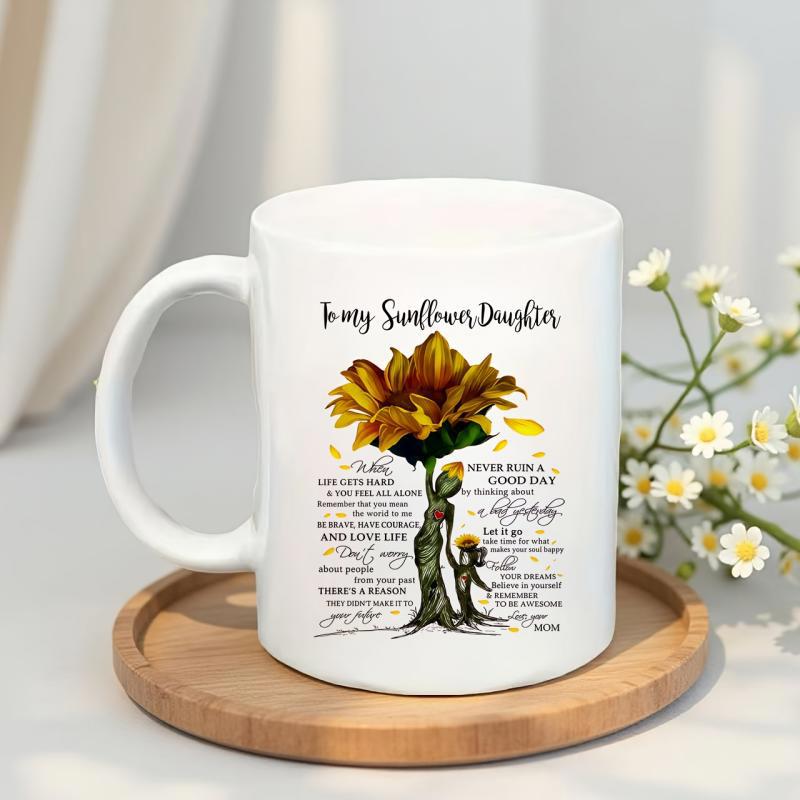 Tailorly White Ceramic 11 oz Mug - To My Sunflower Daughter Mother And Child Standing Beneath A Blooming Golden Tree Sunflower