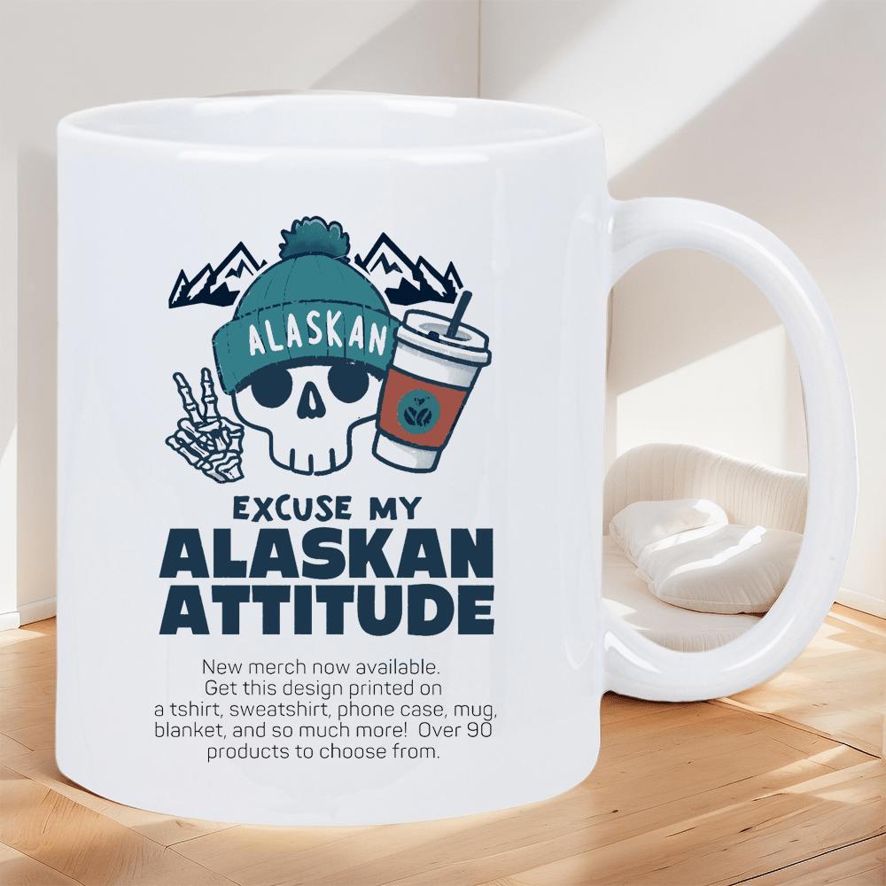 Tailorly White Ceramic 11 oz Mug - Excuse My Alaskan Attitude Cartoon Beanie Snowy Mountains With Skeleton Hand Coffee Cup Skull