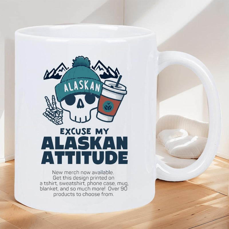 Tailorly White Ceramic 11 oz Mug - Excuse My Alaskan Attitude Cartoon Beanie Snowy Mountains With Skeleton Hand Coffee Cup Skull