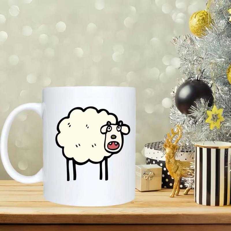 Tailorly White Ceramic 11 oz Mug - Hand Drawn Fluffy White Woolly Creature With A Surprised Expression Minimalist Sheep