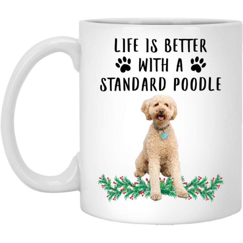 Tailorly White Ceramic 11 oz Mug - Life Is Better With A Standard Poodle Sitting Peacefully Among Festive Green Pine Branches With Decorative Black Paw Prints