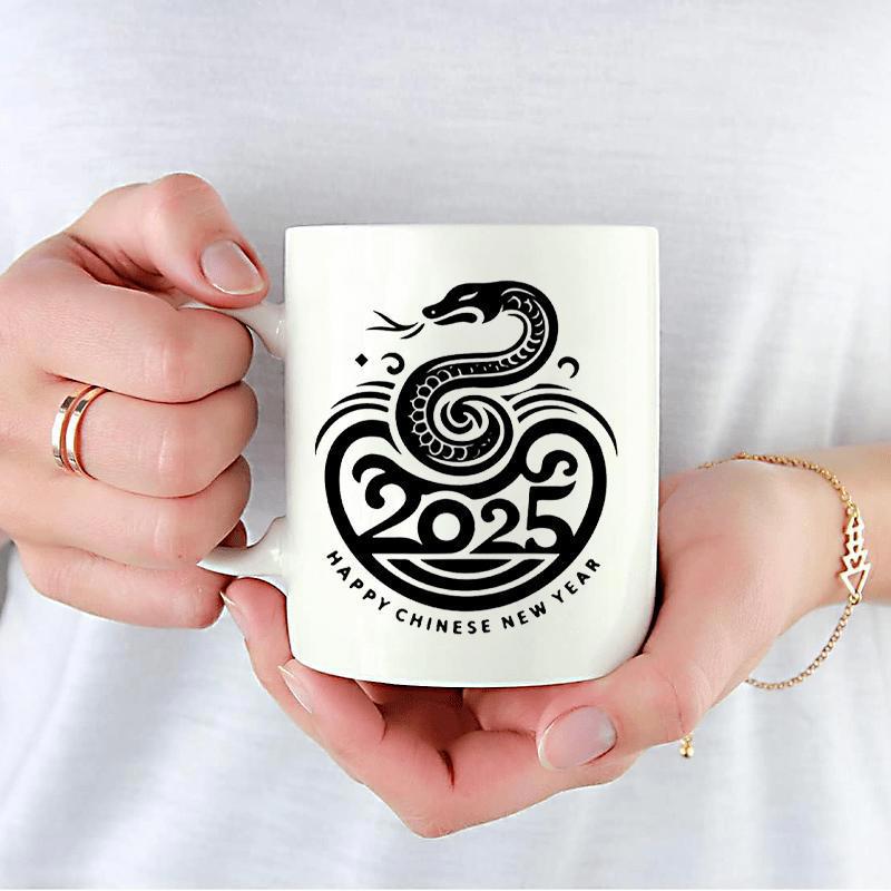 Tailorly White Ceramic 11 oz Mug - 2025 Happy Chinese New Year Elegant Black Tribal Stylized Serpent Coiled Around Decorative Symbolic Date Snake