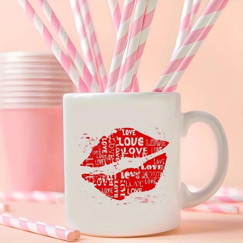 Tailorly White Ceramic 11 oz Mug - Love Artistic Pattern Of A Red Kiss Shape Formed By Words Lips