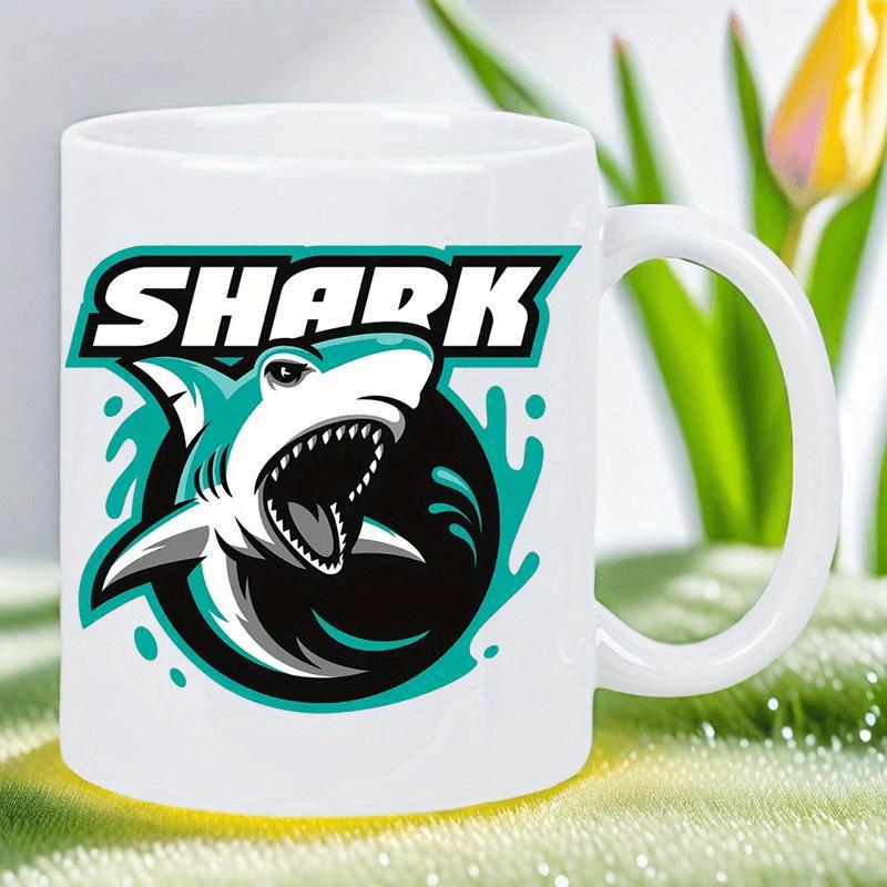 Tailorly White Ceramic 11 oz Mug - Shark Powerful Predator Mascot Jumping Out Of Splashing Teal Water Circular Shark