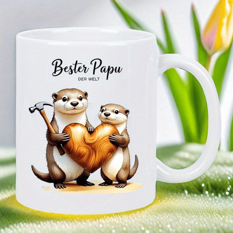 Tailorly White Ceramic 11 oz Mug - Two Adorable Sea Otters Holding A Wooden Heart With A Small Hammer Otter