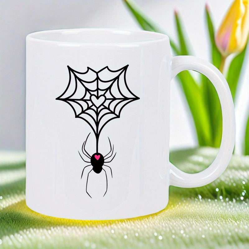 Tailorly White Ceramic 11 oz Mug - Intricate Web Featuring Pink Hearts Hanging From A Delicate Thread Spider