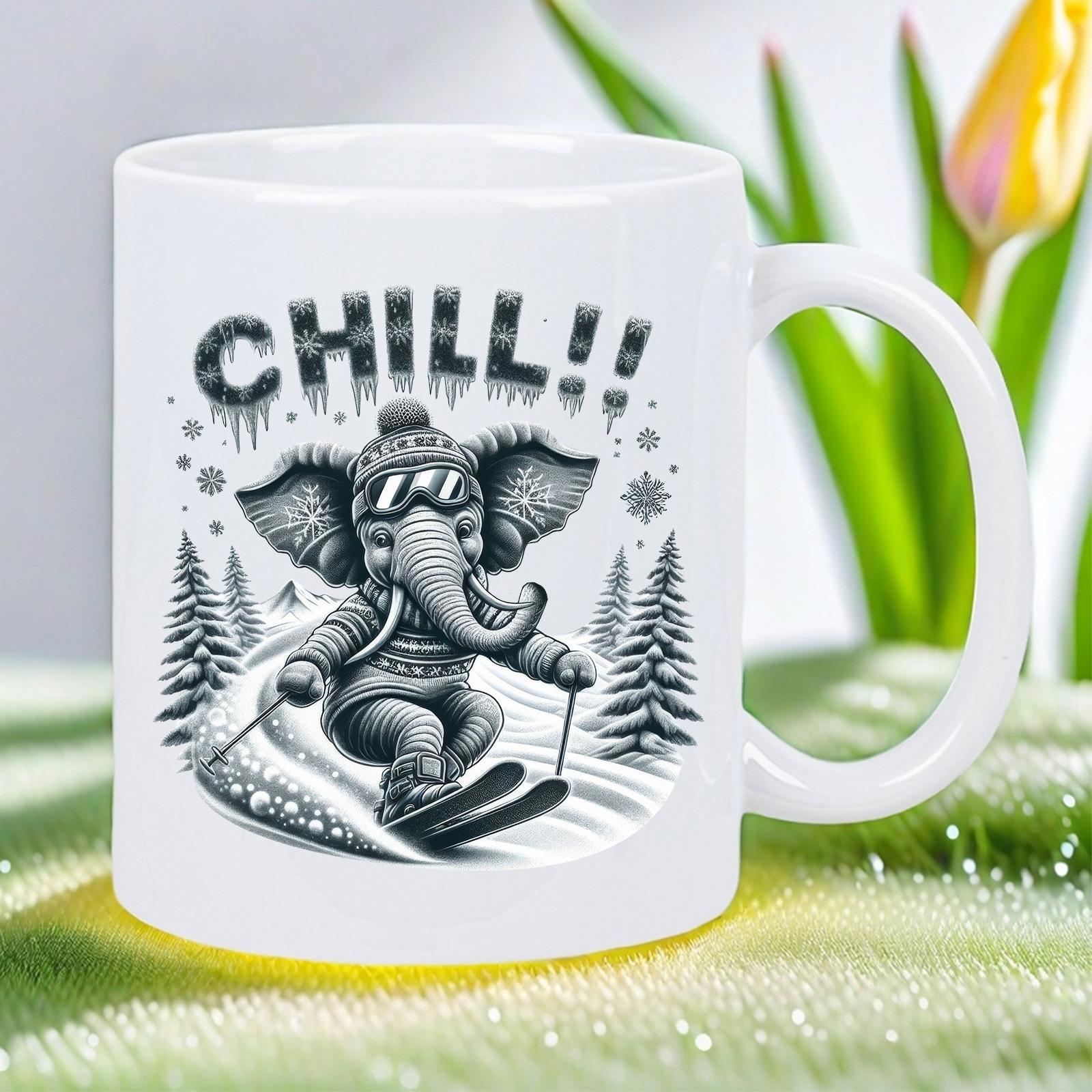 Tailorly White Ceramic 11 oz Mug - Chill Skiing Down Snowy Slopes Surrounded By Pine Trees And Falling Snowflakes Elephant