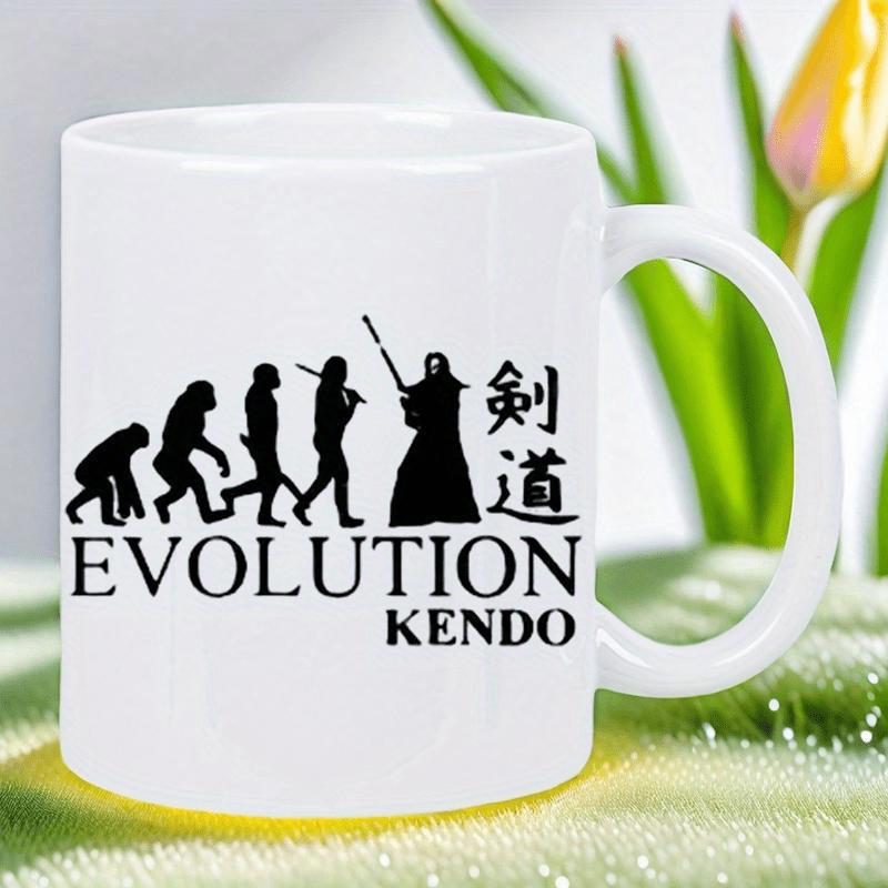 Tailorly White Ceramic 11 oz Mug - Evolution Kendo Progressing Human Silhouette Toward A Disciplined Traditional Martial Arts Kendo Evolution