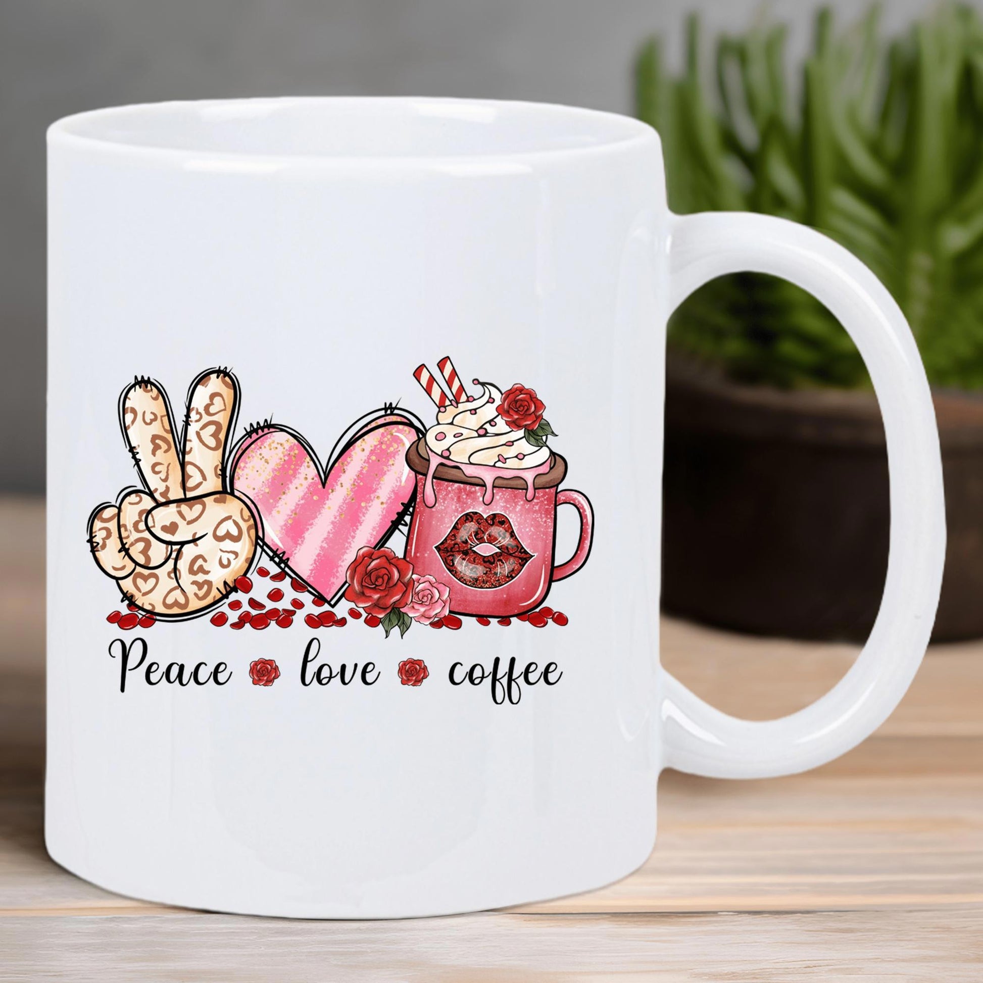 Tailorly White Ceramic 11 oz Mug - Peace Love Coffee Artistic Leopard Pattern Hand With Striped Heart And Pink Mug