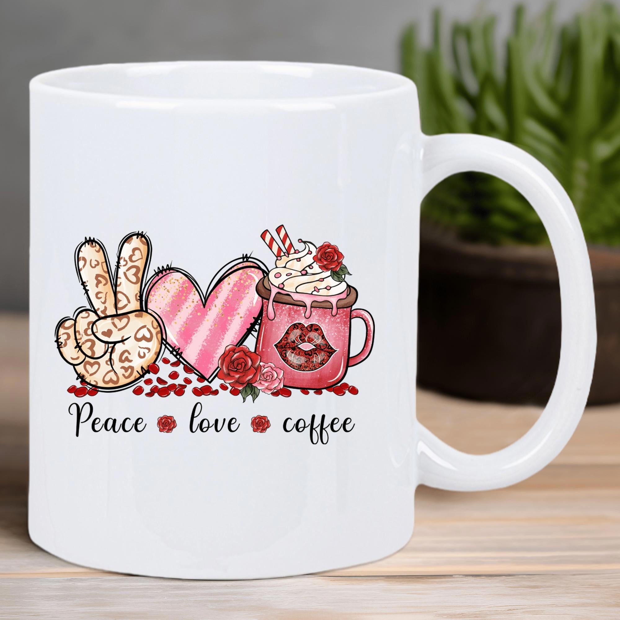 Tailorly White Ceramic 11 oz Mug - Peace Love Coffee Artistic Leopard Pattern Hand With Striped Heart And Pink Mug