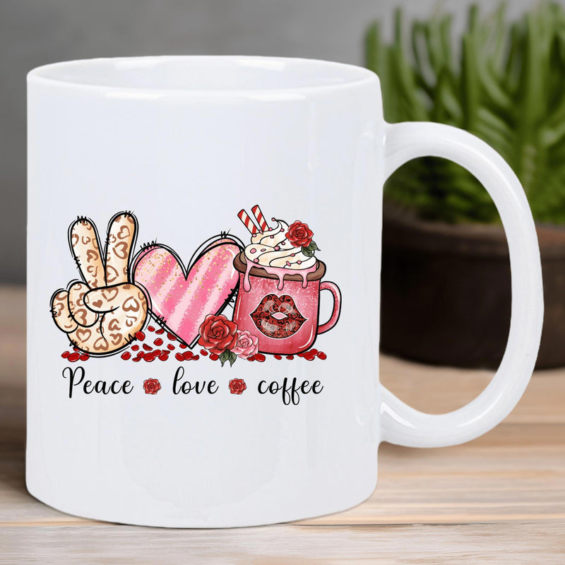 Tailorly White Ceramic 11 oz Mug - Peace Love Coffee Artistic Leopard Pattern Hand With Striped Heart And Pink Mug