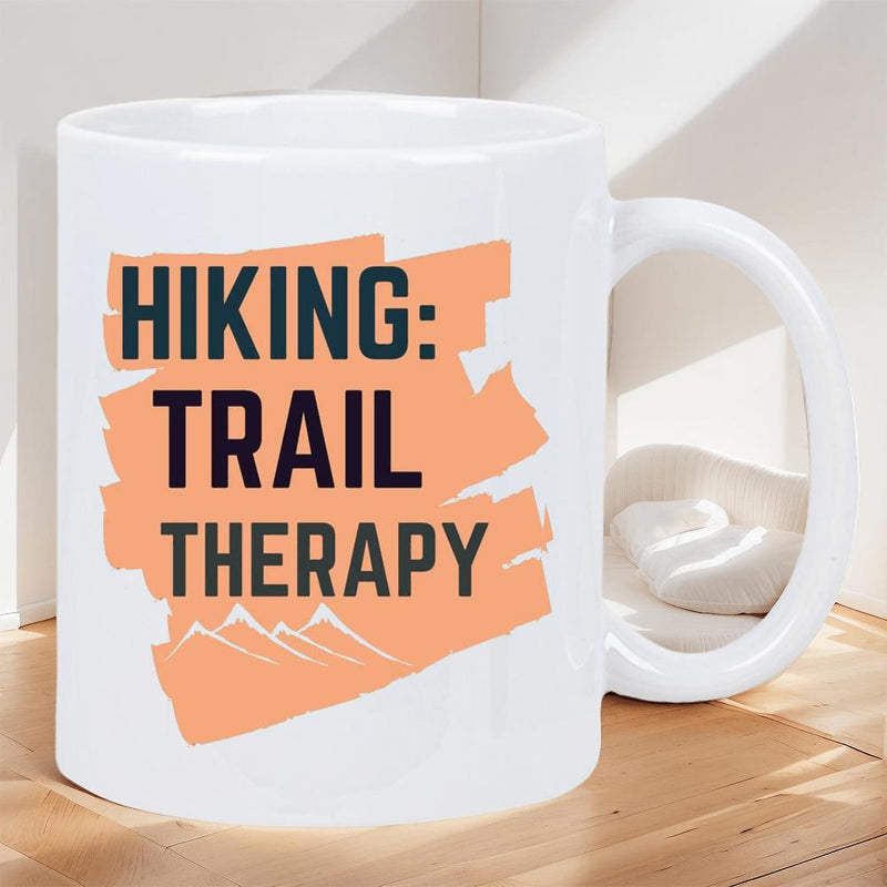 Tailorly White Ceramic 11 oz Mug - Hiking Trail Therapy Textured Orange Brush Stroke With Scenic White Mountain Mug