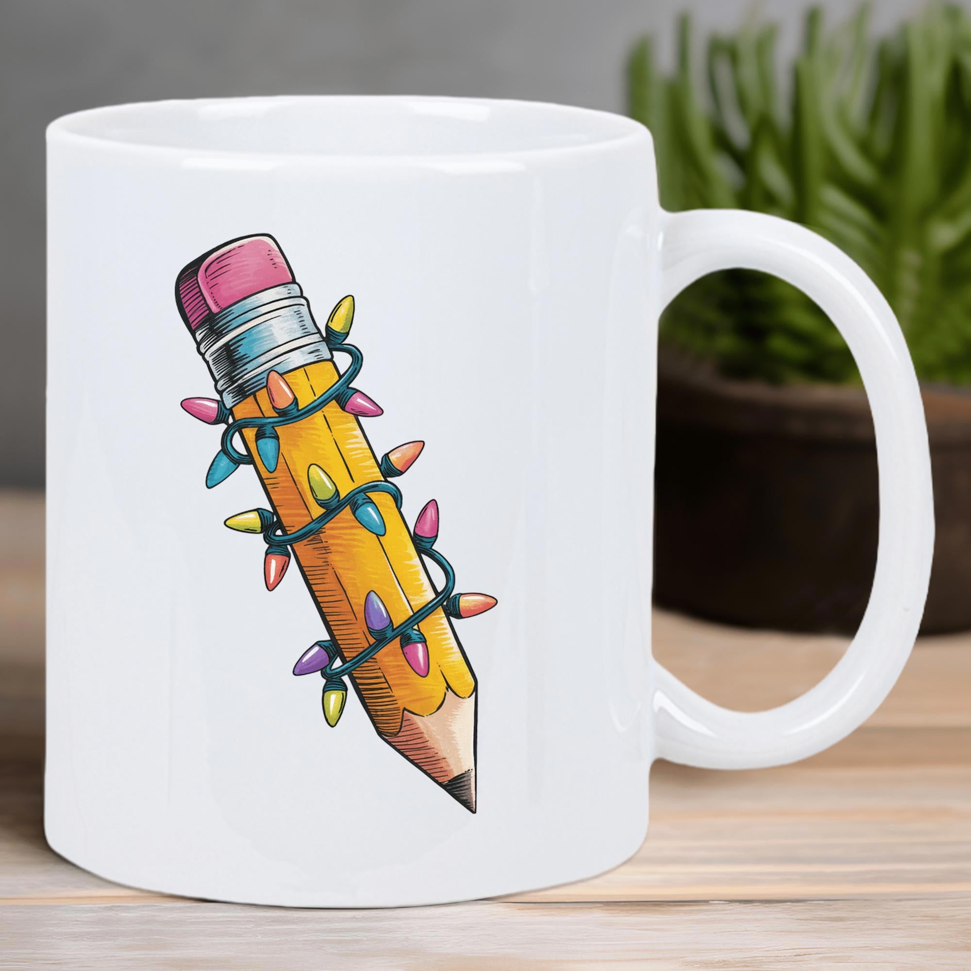Tailorly White Ceramic 11 oz Mug - Festive Yellow Wooden Tool Wrapped In Colorful Glowing Holiday Fairy Lights Pencil