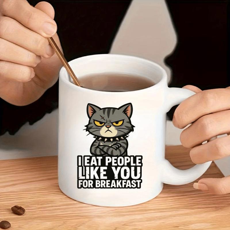 Tailorly White Ceramic 11 oz Mug - I Eat People Like You For Breakfast Grumpy Grey Tabby With Spiked Collar And Angry Expression Cat