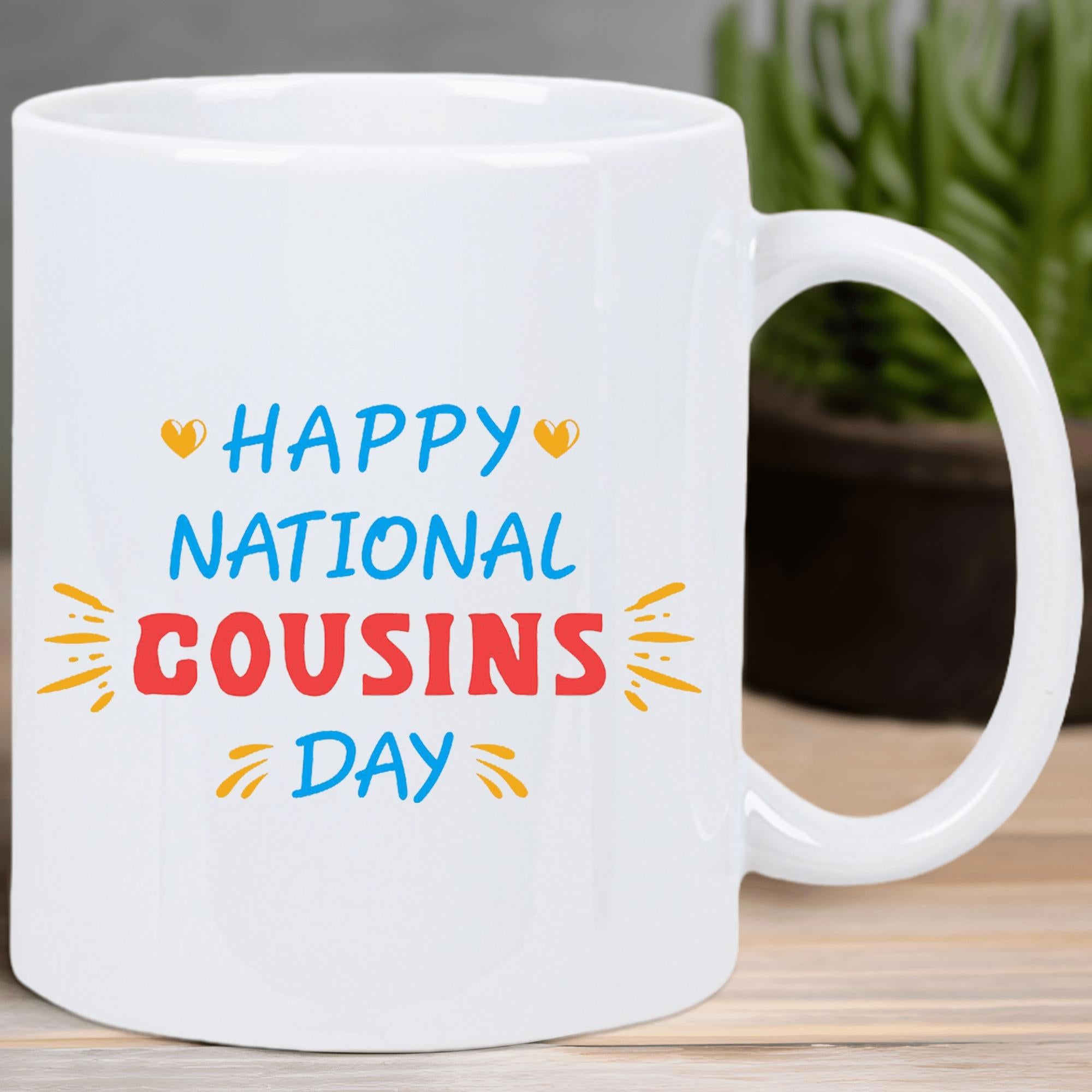 Tailorly White Ceramic 11 oz Mug - Happy National Cousins Day Vibrant Multi Color Lettering Adorned With Golden Sunburst Rays And Small Hearts Mug