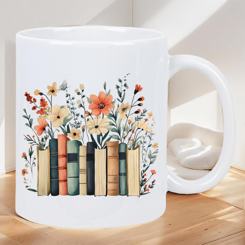 Tailorly White Ceramic 11 oz Mug - Vibrant Wildflowers Growing From A Row Of Colorful Classic Literature Books