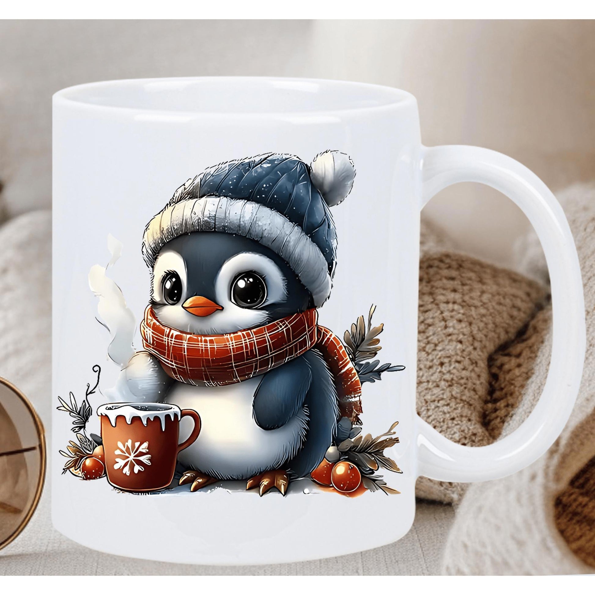 Tailorly White Ceramic 11 oz Mug - Adorable Winter Bird Wearing Blue Knitted Beanie And Plaid Scarf Penguin