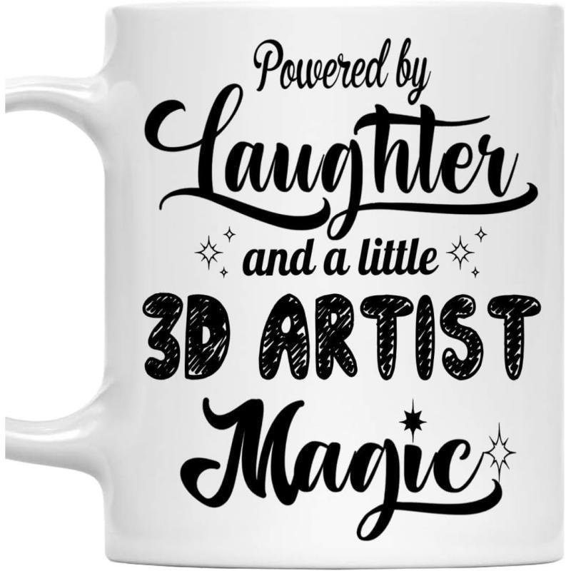 Tailorly White Ceramic 11 oz Mug - Powered By Laughter And A Little 3D Artist Magic Minimalist White Ceramic Vessel Featuring Decorative Sparkling Typography