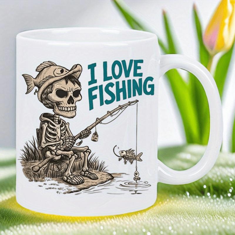 Tailorly White Ceramic 11 oz Mug - I Love Fishing Skeletal Fisherman Sitting On The Bank Casting A Line To Catch Fish Skeleton