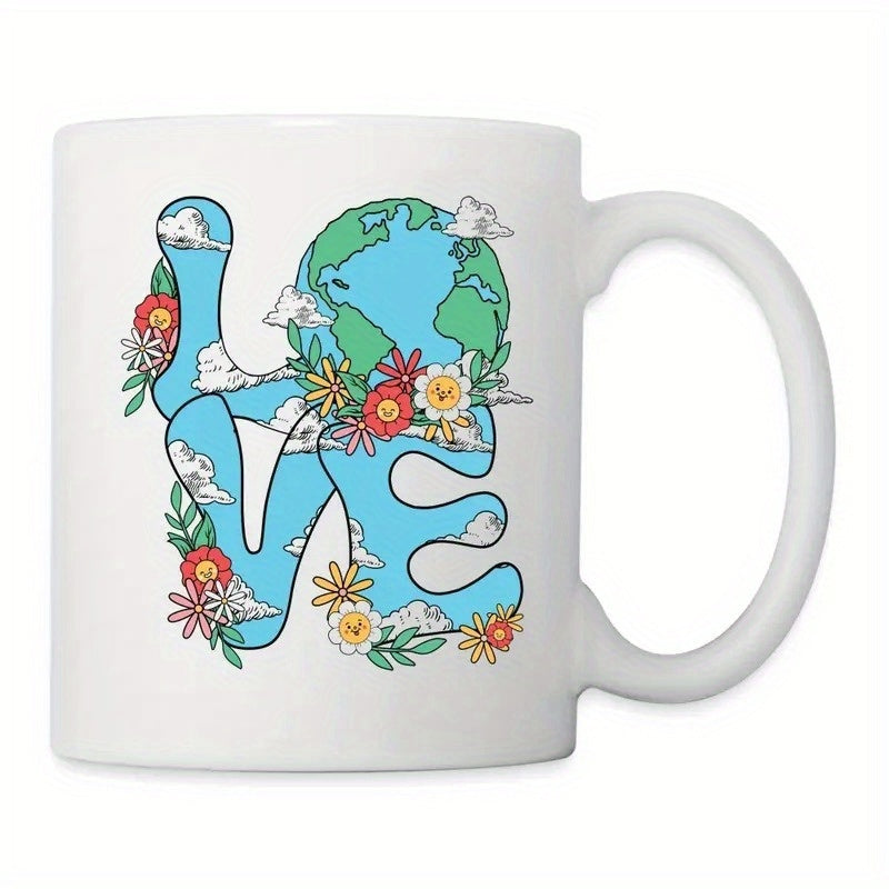 Tailorly White Ceramic 11 oz Mug - Love Vibrant Blue Sky Letters Featuring Blooming Flowers Among A Peaceful Earth