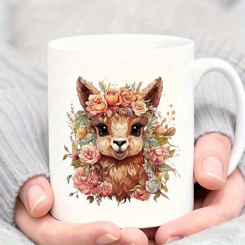 Tailorly White Ceramic 11 oz Mug - Adorable Hand Painted Portrait With Soft Roses And Delicate Floral Leaves Alpaca