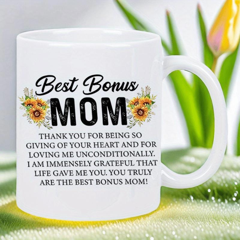 Tailorly White Ceramic 11 oz Mug - Best Bonus Mom Yellow Sunflowers Blooming With Green Leaves And Elegant Script Sentiment Sunflower