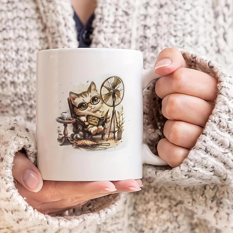 Tailorly White Ceramic 11 oz Mug - Cool Vintage Illustration Of Cat Relaxing With Retro Electric Fan Cat