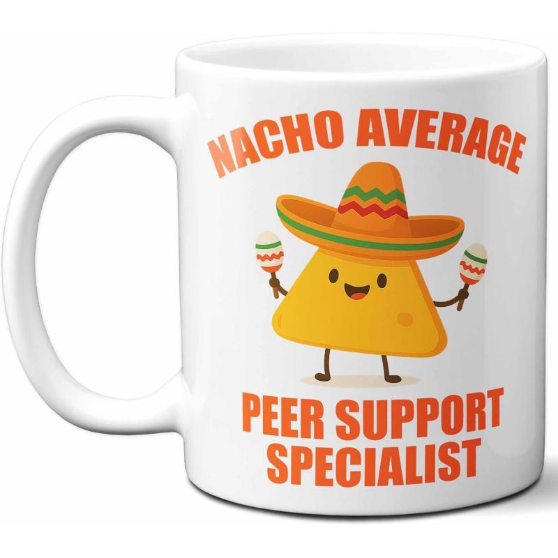 Tailorly White Ceramic 11 oz Mug - Nacho Average Peer Support Specialist Smiling Cartoon Corn Chip Wearing Colorful Sombrero And Holding Maracas Nacho