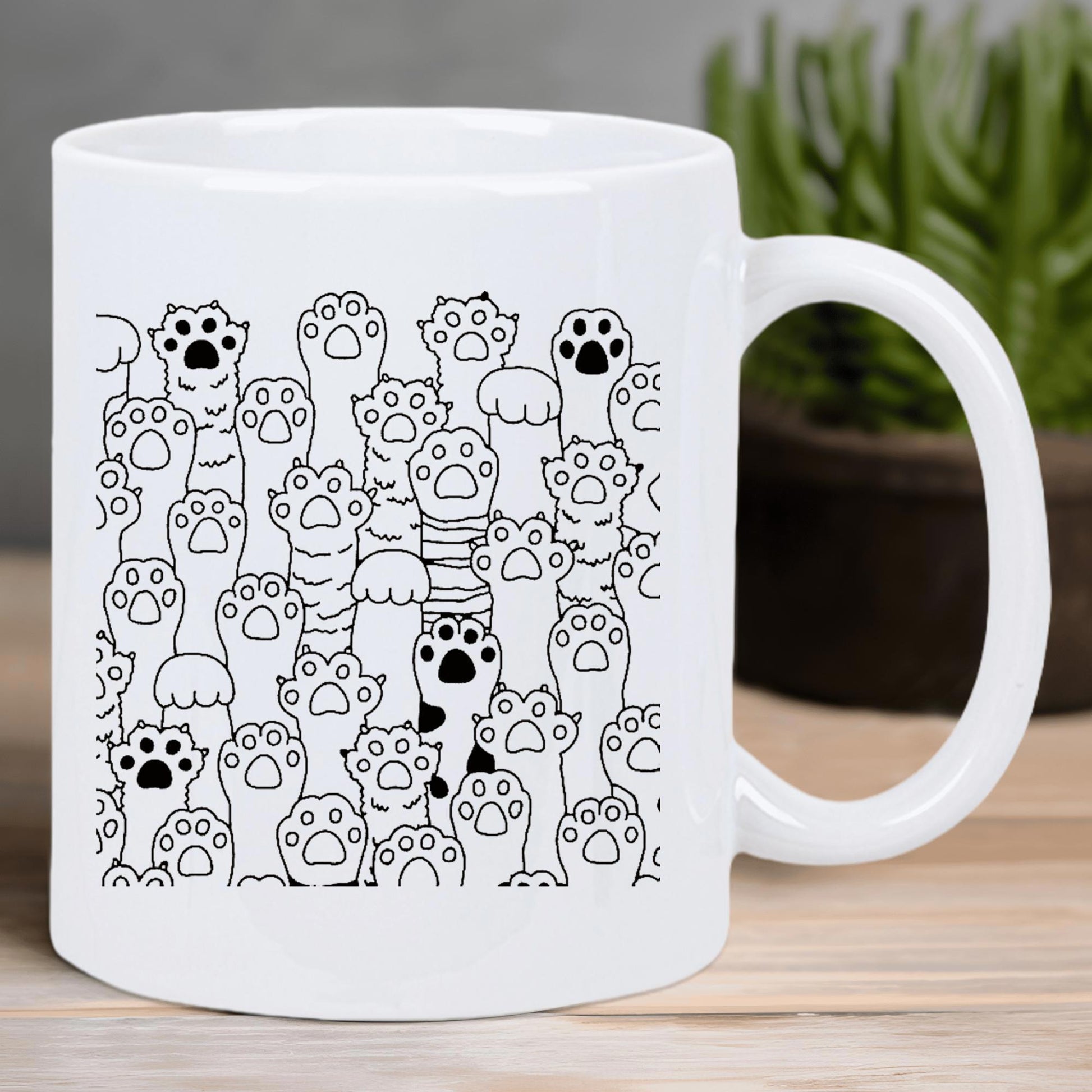 Tailorly White Ceramic 11 oz Mug - Numerous Hand Drawn Minimalist Cartoon Kitten Paws Reaching Up In Rows Paw