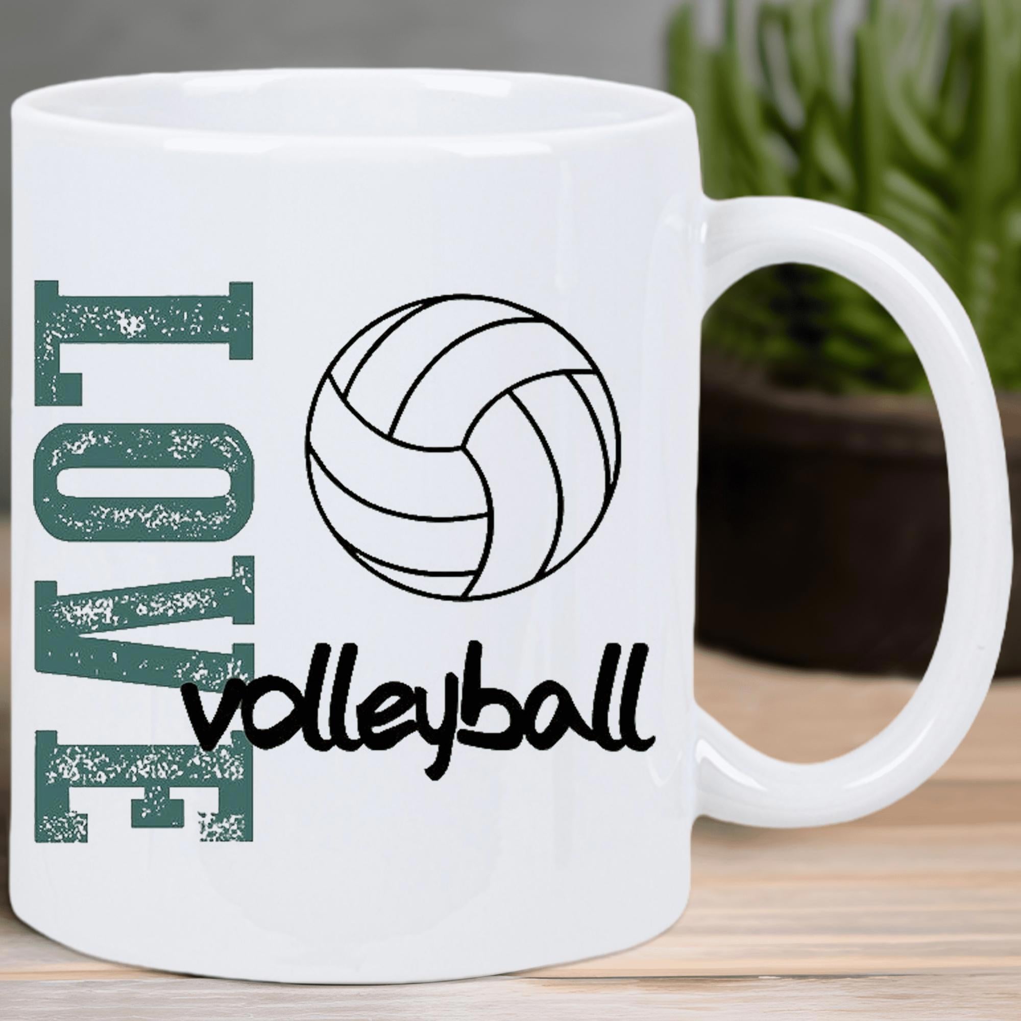 Tailorly White Ceramic 11 oz Mug - Love Volleyball Simplified Line Art Graphic Among Distressed Style Text Volleyball