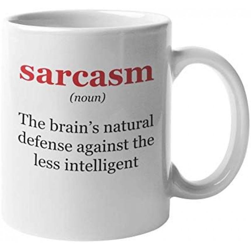 Tailorly White Ceramic 11 oz Mug - Sarcasm Noun The Brains Natural Defense Against The Less Intelligent Minimalist White Ceramic Vessel Featuring Red And Black