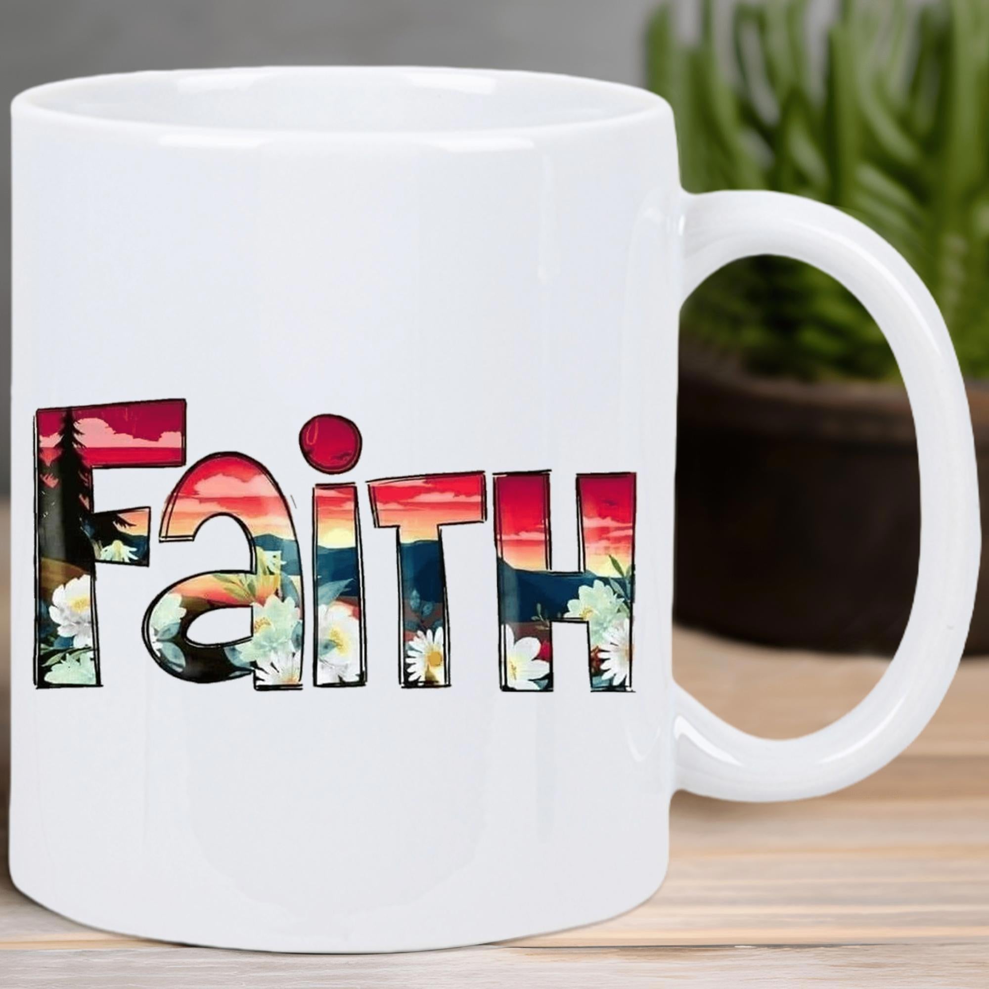 Tailorly White Ceramic 11 oz Mug - Faith Scenic Nature Sunset With Mountain Silhouettes And Blooming Spring Flowers Mug