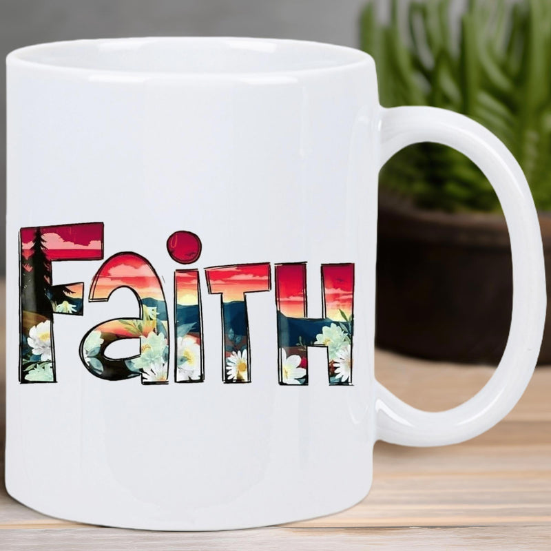 Tailorly White Ceramic 11 oz Mug - Faith Scenic Nature Sunset With Mountain Silhouettes And Blooming Spring Flowers Mug