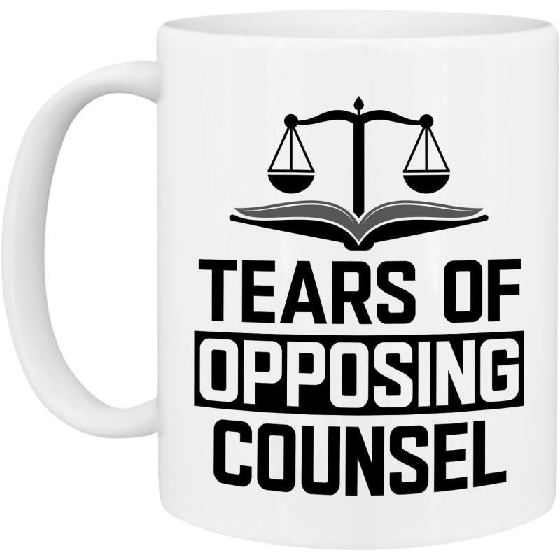 Tailorly White Ceramic 11 oz Mug - Tears Of Opposing Counsel Minimalist Scales Of Justice Resting Upon A Symmetrically Open Law Book Mug