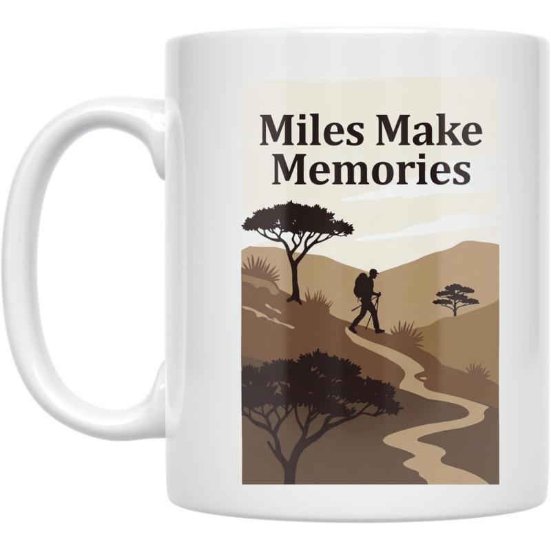 Tailorly White Ceramic 11 oz Mug - Miles Make Memories Serene Wilderness Trail Winding Through Scenic Earthy Mountains And Distant Trees Hiker