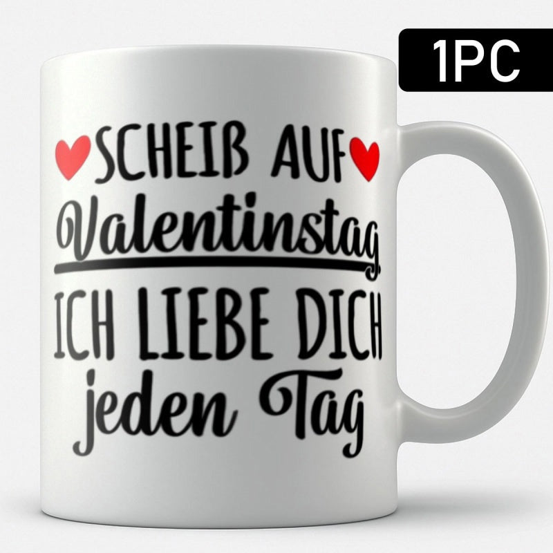 Tailorly White Ceramic 11 oz Mug - Vibrant Red Hearts Positioned Near Bold Vertical Minimalist Romantic Script Heart