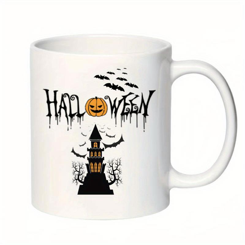 Tailorly White Ceramic 11 oz Mug - Halloween Spooky Silhouette Under Flying Bats With A Carved Pumpkin Lantern Haunted House