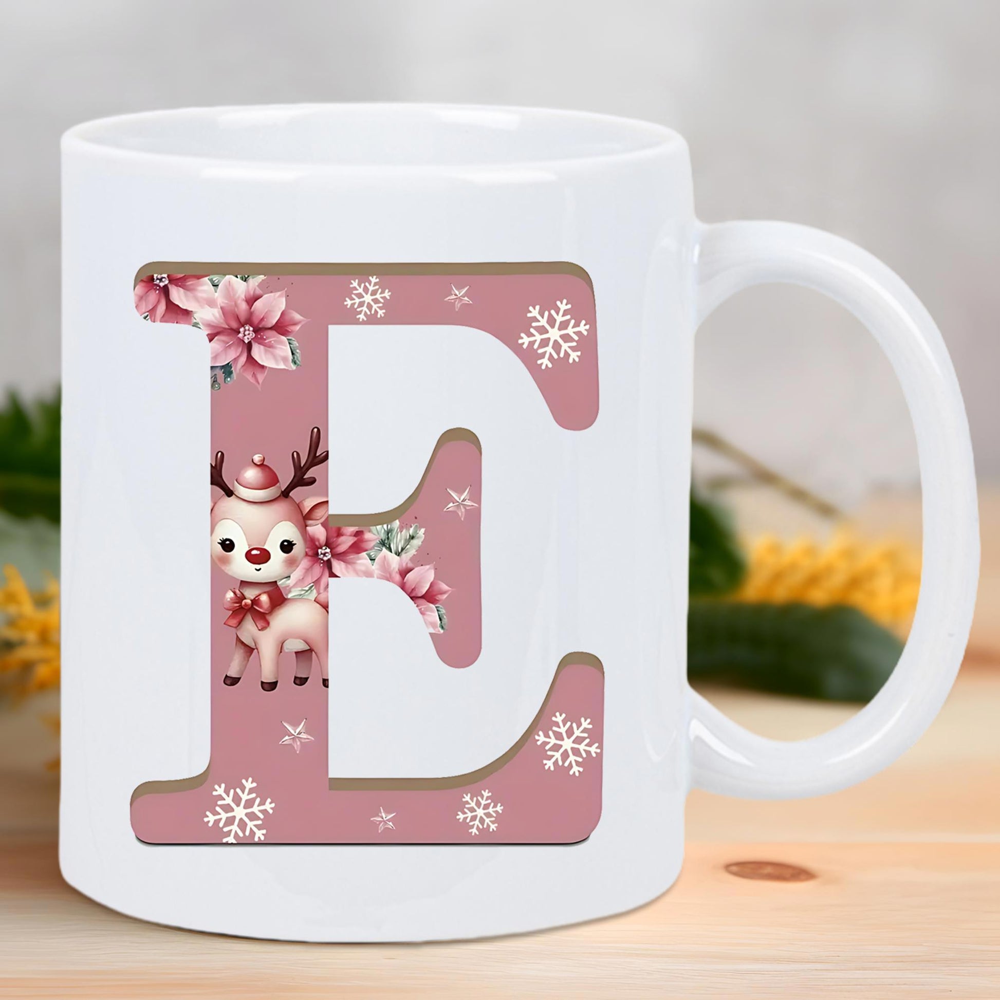 Tailorly White Ceramic 11 oz Mug - E Cute Reindeer Among Delicate Pink Flowers And Shimmering Winter Snowflakes Letter