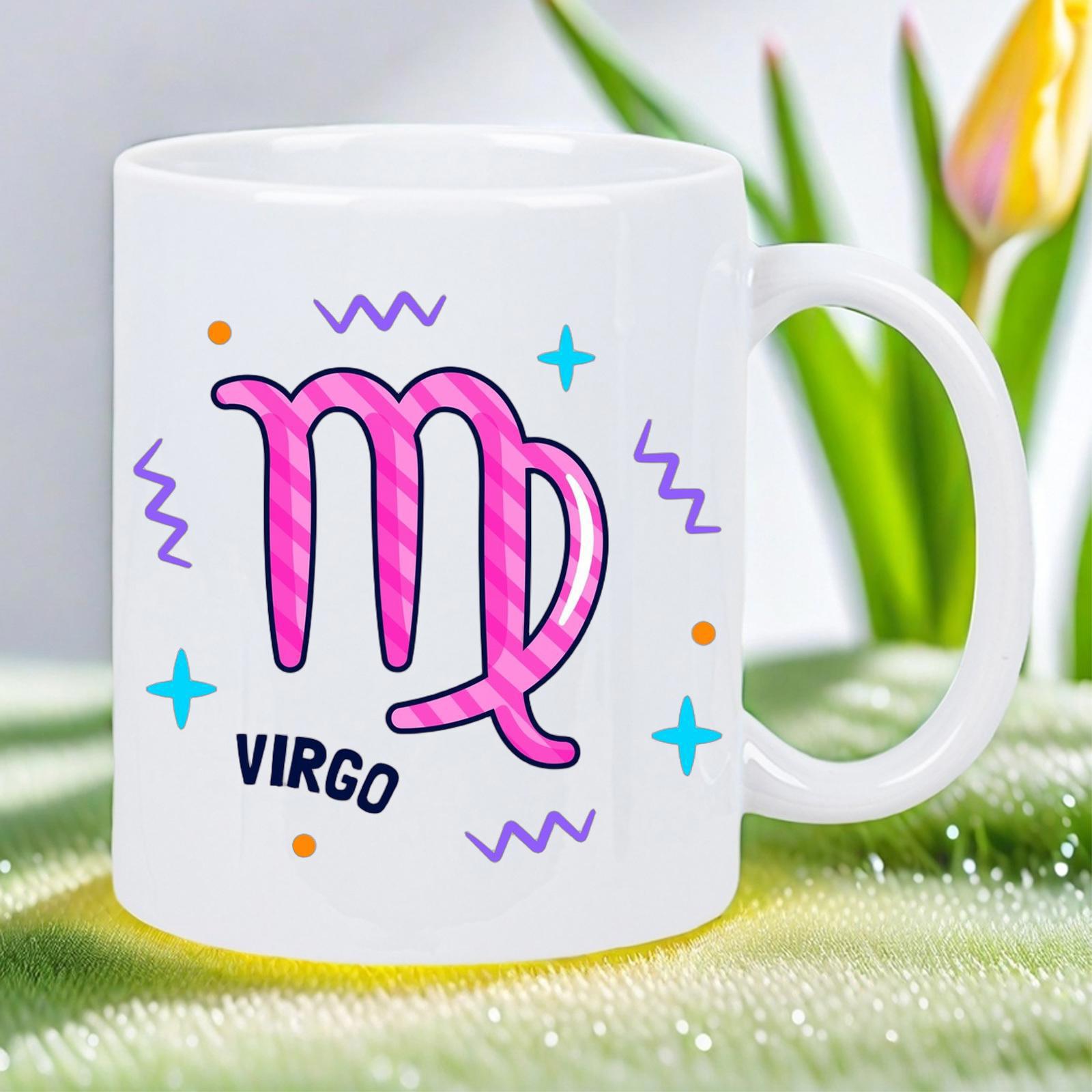 Tailorly White Ceramic 11 oz Mug - Virgo Pink Striped Astrological Sign Surrounded By Playful Colorful Geometric Shapes Virgo