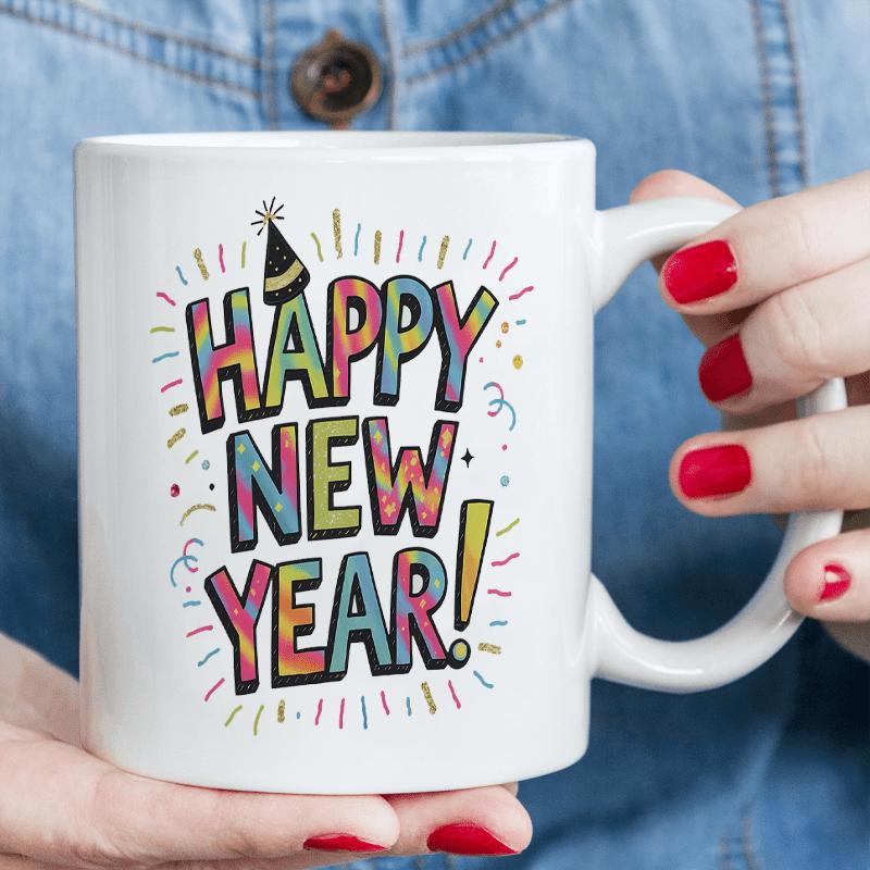 Tailorly White Ceramic 11 oz Mug - Happy New Year Colorful Festive Artistic Letters Among Radiant Sparkling Elements With Party Hat Typography