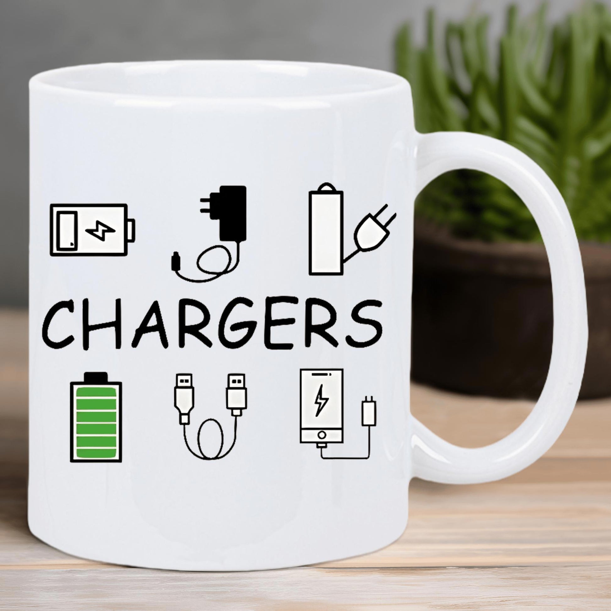 Tailorly White Ceramic 11 oz Mug - Chargers Simple Black Outlined Technology Symbols With Electrical Cords And Power Icon