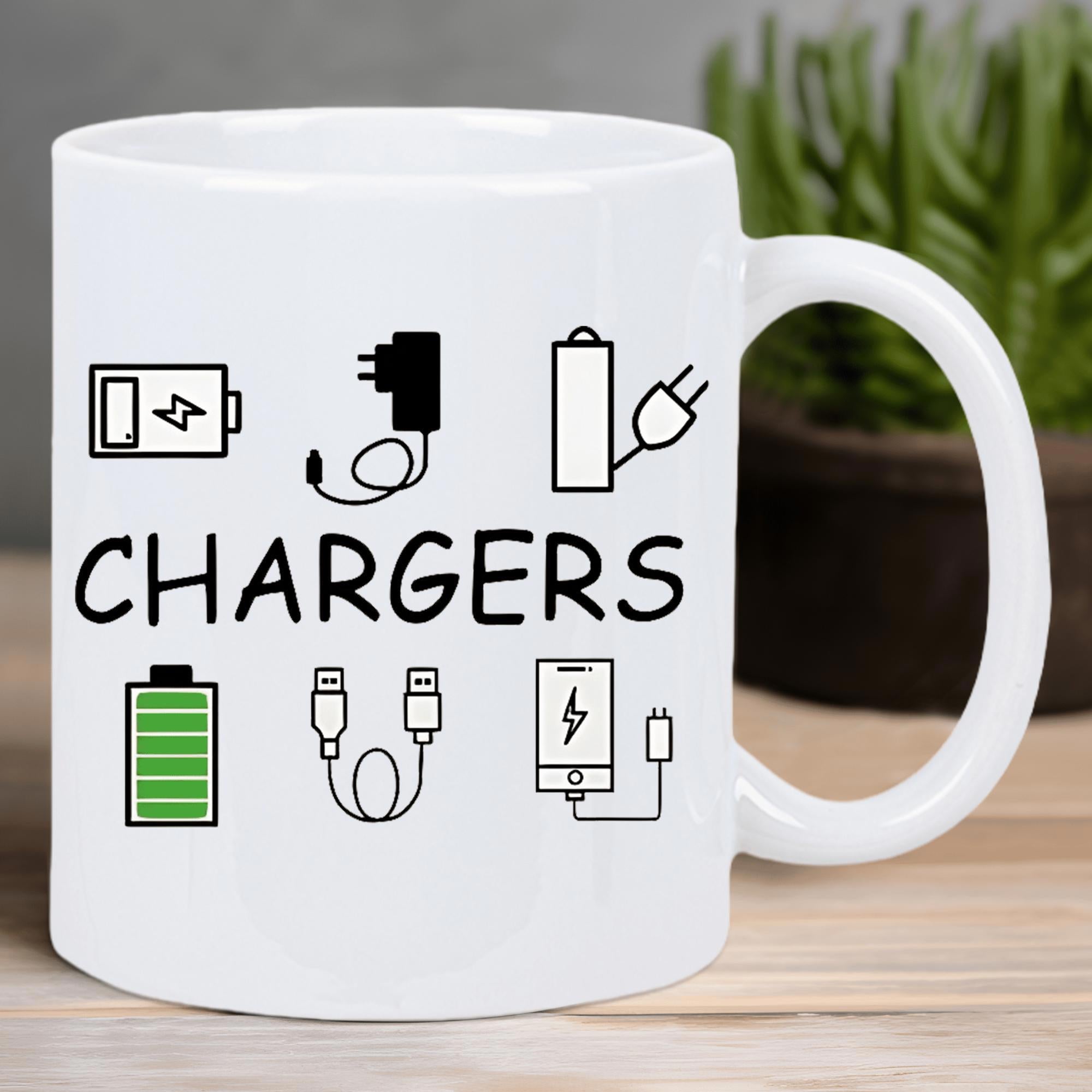 Tailorly White Ceramic 11 oz Mug - Chargers Simple Black Outlined Technology Symbols With Electrical Cords And Power Icon
