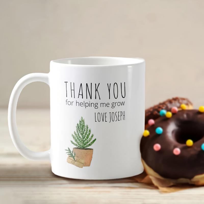 Tailorly White Ceramic 11 oz Mug - Thank You For Helping Me Grow Love Joseph Small Green Potted Succulent Sitting Inside A Simple Earthy Brown Pot Plant
