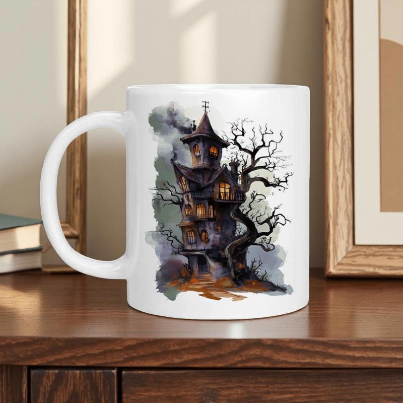 Tailorly White Ceramic 11 oz Mug - Spooky Gothic Mansion Surrounded By Ancient Dead Trees In Misty Moonlight House