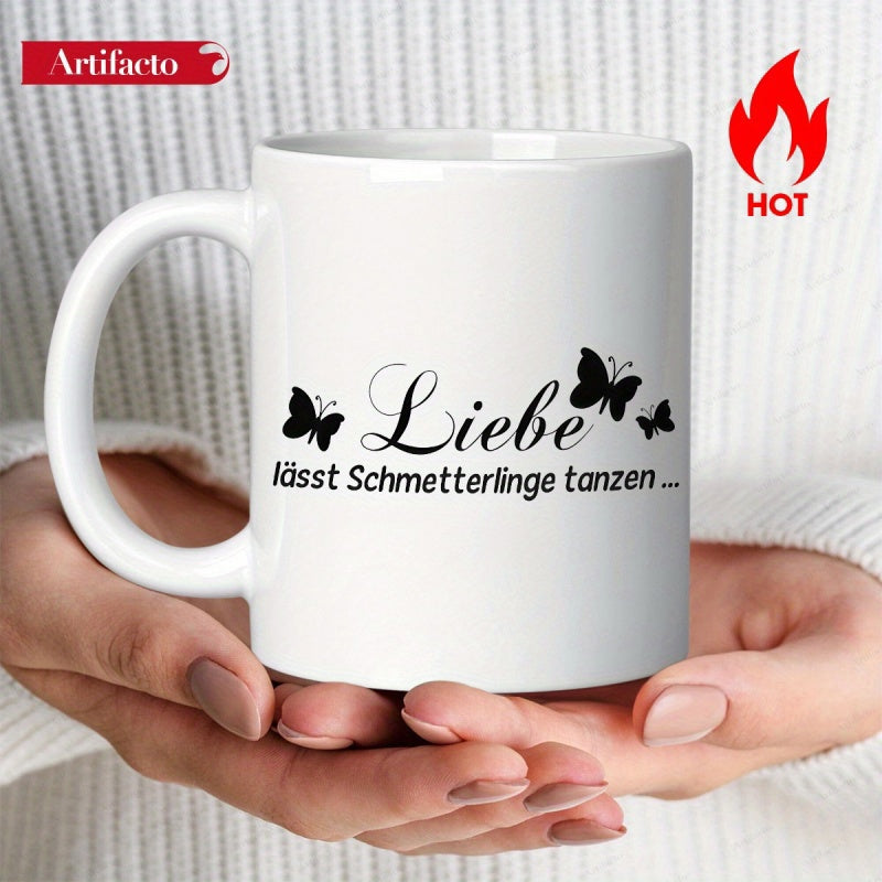 Tailorly White Ceramic 11 oz Mug - Minimalist Black Silhouettes Fluttering Gracefully Around Elegant Cursive Script Typography Butterfly