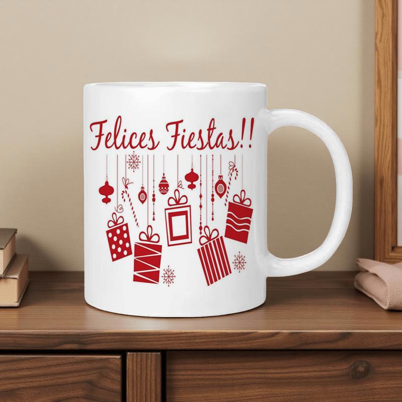 Tailorly White Ceramic 11 oz Mug - Festive Red Hanging Holiday Ornaments With Wrapped Gift Boxes Decoration