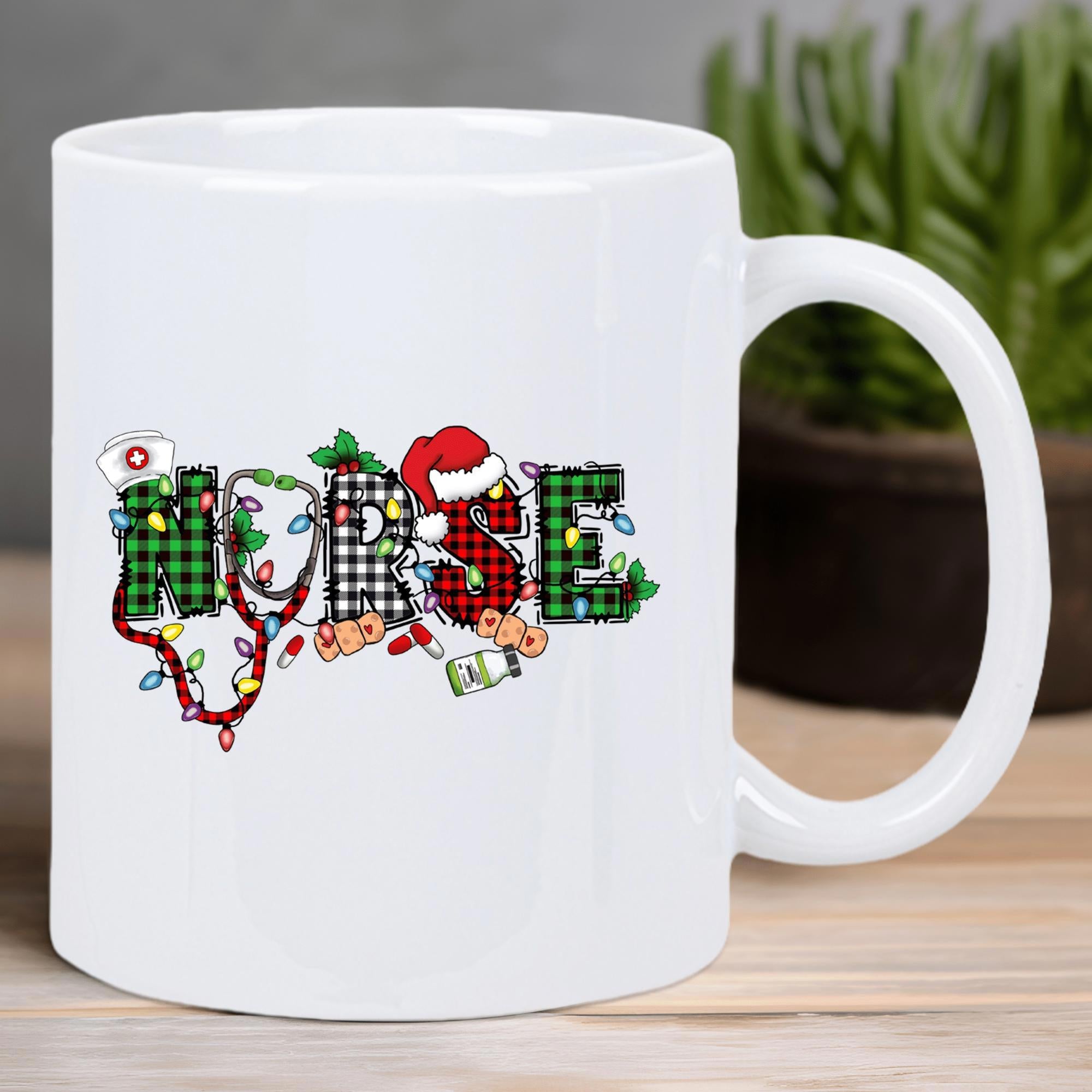 Tailorly White Ceramic 11 oz Mug - Nurse Plaid Festive Letters Decorated With Twinkling Holiday Lights And Stethoscope Mug